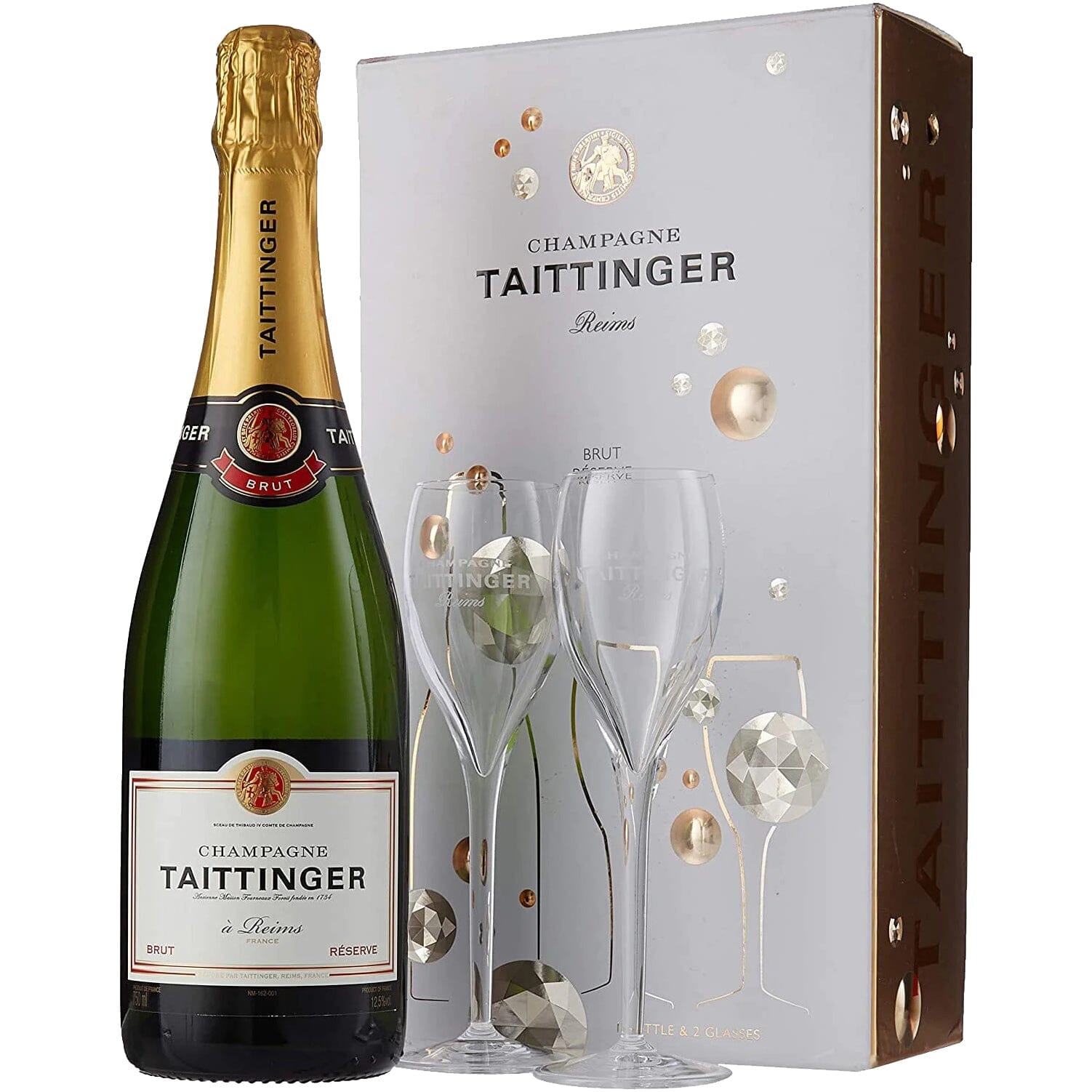 Taittinger Brut Reserve Champagne & 2 Flute Gift Set ND John Wines