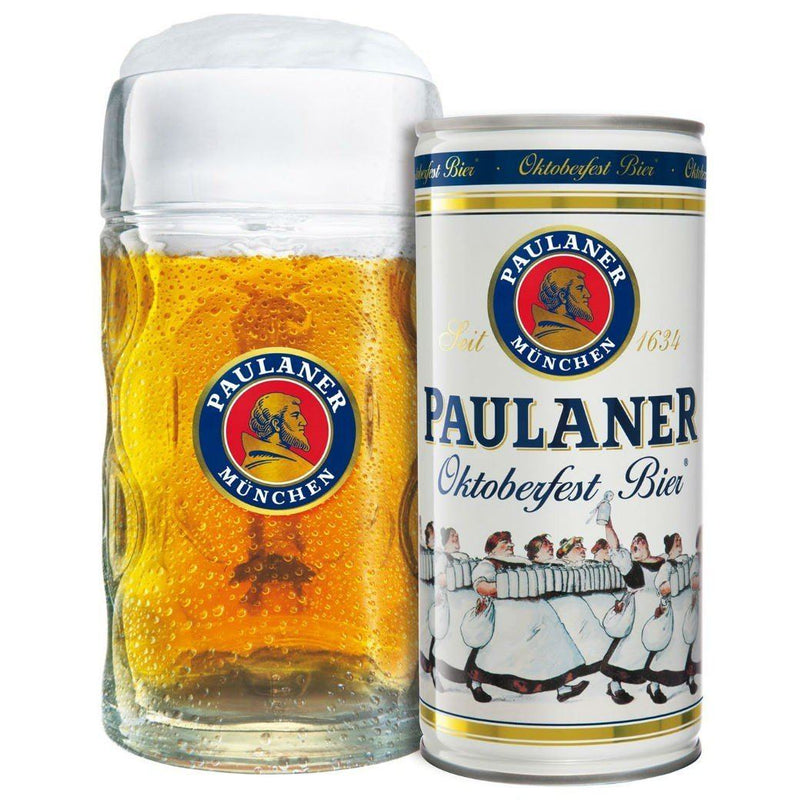 Paulaner Oktoberfestbier 1 Litre Can and Stein Glass